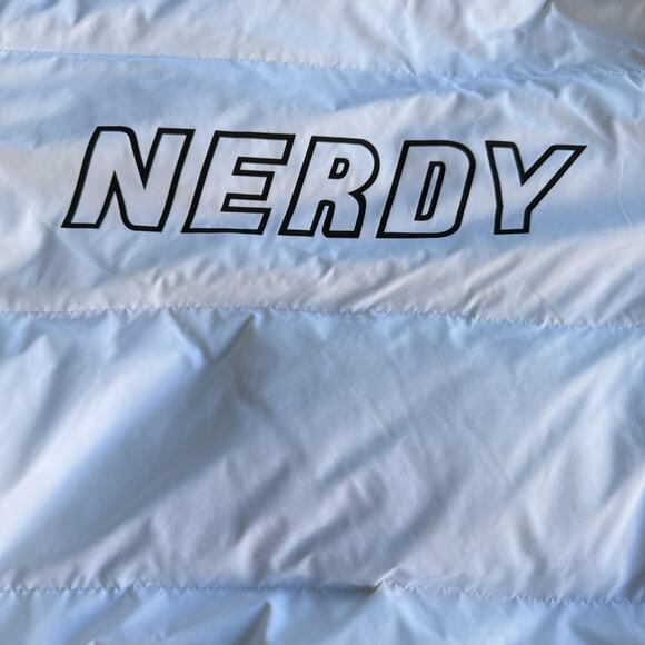 NERDY Coat Small White Long Hooded Down Puffer Parka Stripe Logo Full Zip - Picture 4 of 14